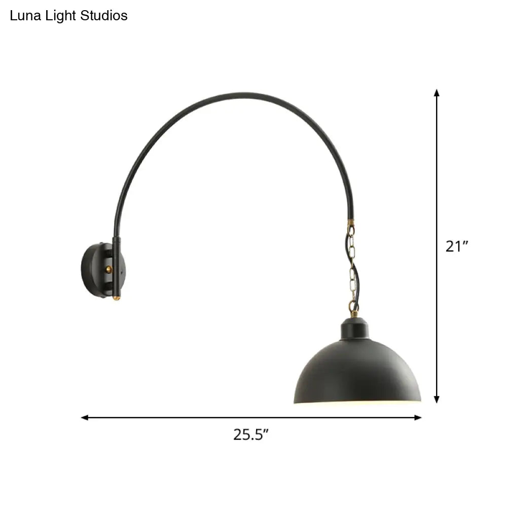 Black Dome Wall Sconce with Curved Arm Mount and Metallic Finish Bulb