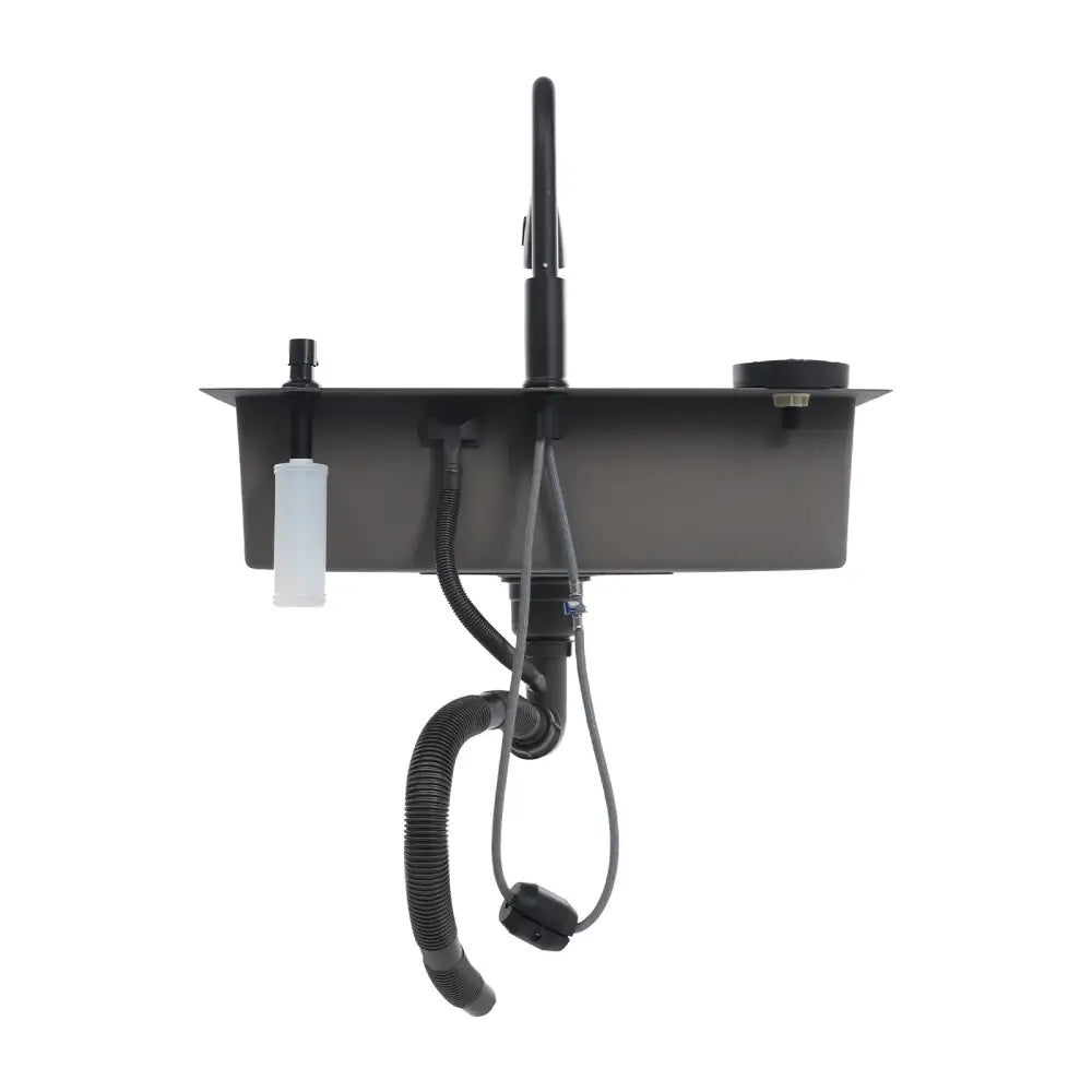 Black double basin stainless steel kitchen sink 72x45x20cm with matte finish undermount and matching high-arc faucet