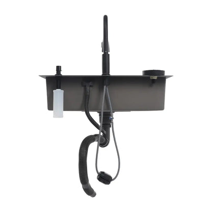 Black double basin stainless steel kitchen sink 72x45x20cm with matte finish undermount and matching high-arc faucet