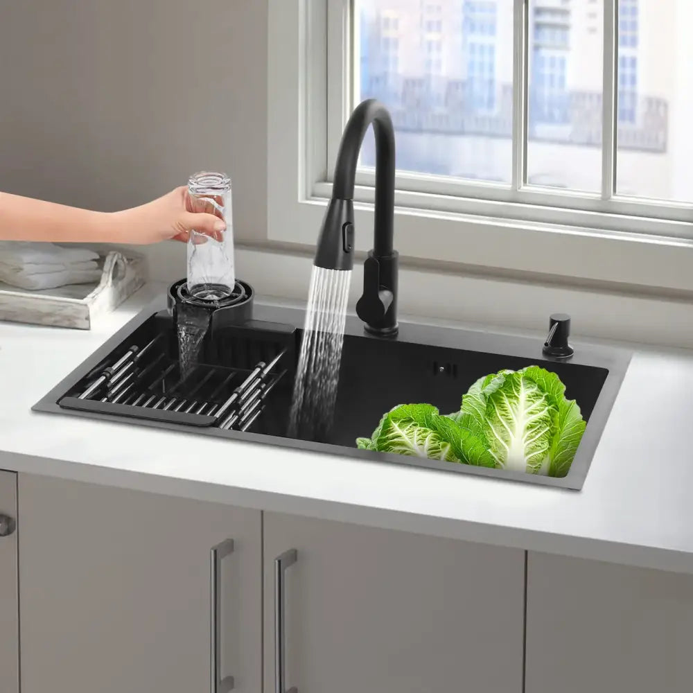 Black double basin stainless steel kitchen sink 72x45x20cm with sleek modern faucet and integrated draining rack