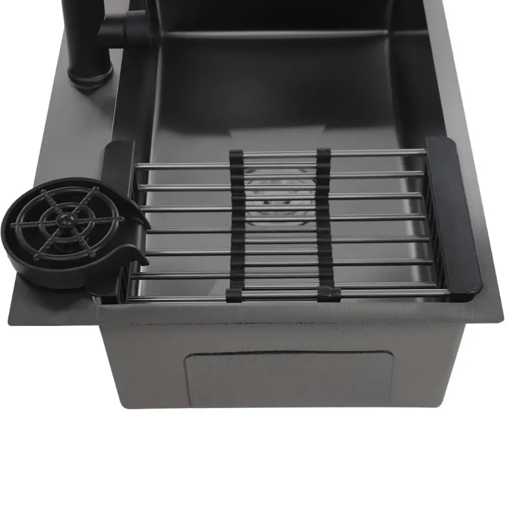 Black double basin stainless steel kitchen sink 72x45x20cm with matching faucet and adjustable wire drying rack