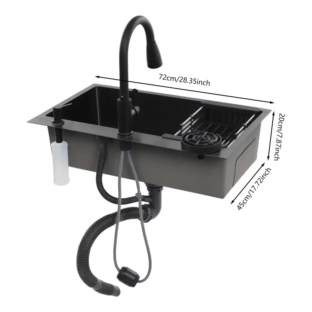 Black double basin stainless steel kitchen sink 72x45x20cm with black matte undermount finish and modern gooseneck faucet