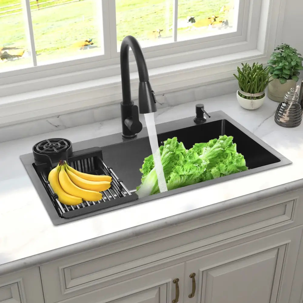 Black double basin stainless steel kitchen sink 72x45x20cm with integrated drain basket and faucet in black finish