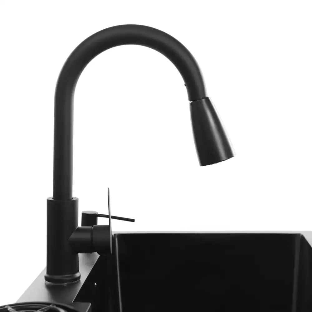 Black matte-finish kitchen faucet with sleek curved spout and pull-down spray head for 72x45x20cm stainless steel kitchen sink