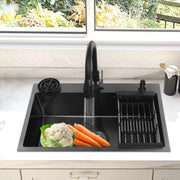 Black double basin stainless steel kitchen sink 72x45x20cm with integrated drainboard and faucet in black finish