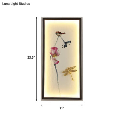Black Dragonfly-Lotus LED Wall Sconce with Metal Frame - Asian Inspired Mural Lamp