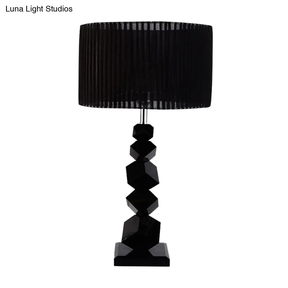Black Drum Nightstand Lamp: Modern 12"/13" W Single Pleated Table Light with Rock Pedestal