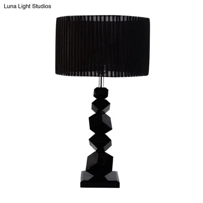 Black Drum Nightstand Lamp: Modern 12"/13" W Single Pleated Table Light with Rock Pedestal