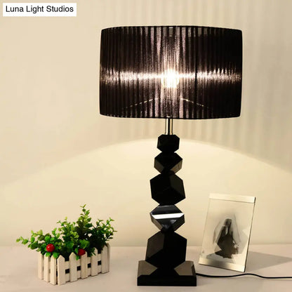 Black Drum Nightstand Lamp: Modern 12"/13" W Single Pleated Table Light with Rock Pedestal