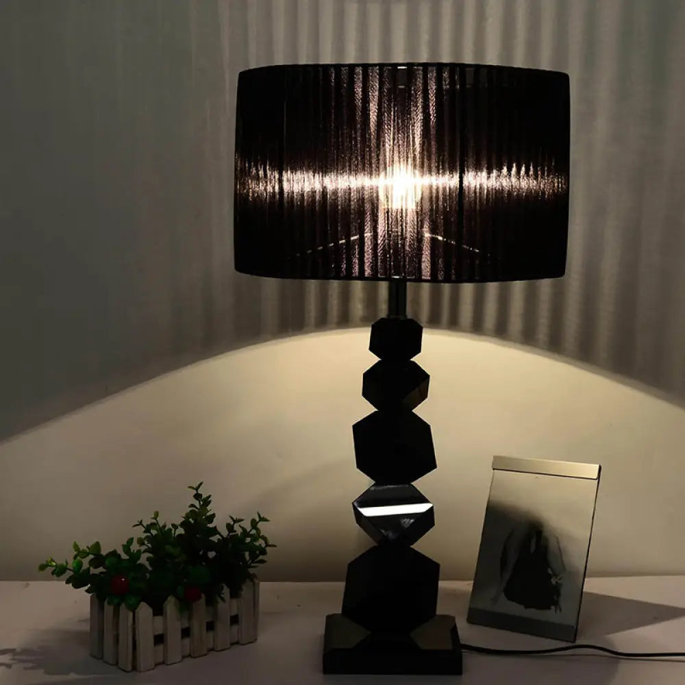 Black Drum Nightstand Lamp: Modern 12"/13" W Single Pleated Table Light with Rock Pedestal