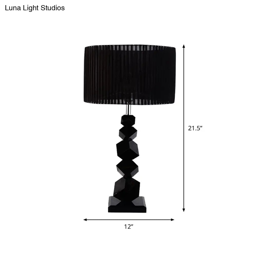 Black Drum Nightstand Lamp: Modern 12"/13" W Single Pleated Table Light with Rock Pedestal