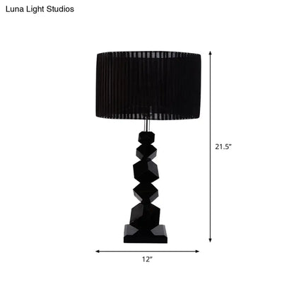Black Drum Nightstand Lamp: Modern 12"/13" W Single Pleated Table Light with Rock Pedestal