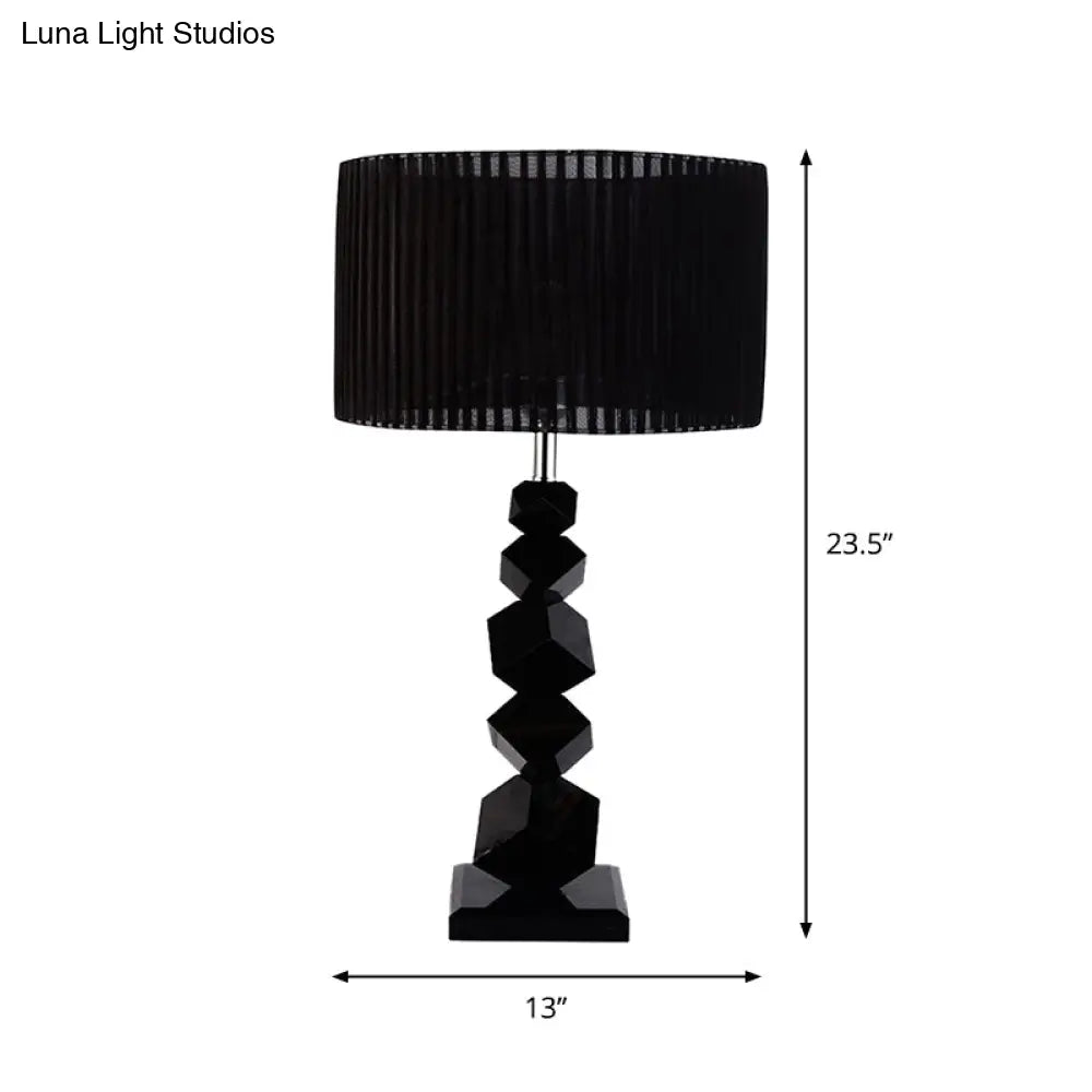 Black Drum Nightstand Lamp: Modern 12"/13" W Single Pleated Table Light with Rock Pedestal