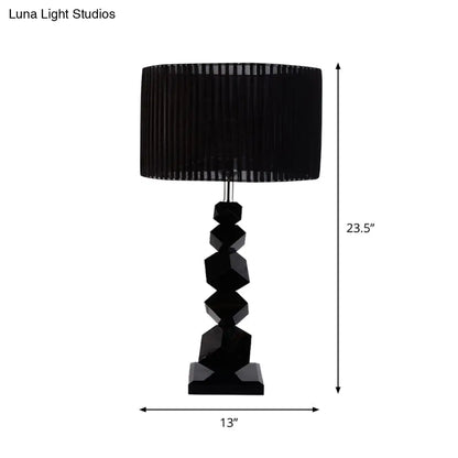 Black Drum Nightstand Lamp: Modern 12"/13" W Single Pleated Table Light with Rock Pedestal