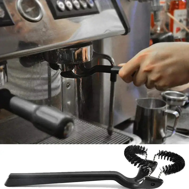 Black dual bristle espresso machine cleaning brush with plastic handle and curved wire brushes for decorbites espresso machine cleaning