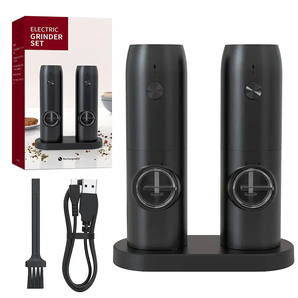 Black electric salt pepper grinder set with sleek cylindrical design usb rechargeable and transparent viewing window
