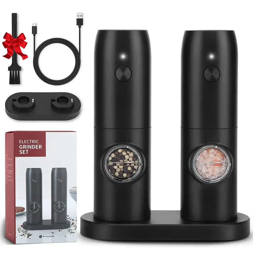 Black electric salt pepper grinder set with transparent windows usb rechargeable kitchen grinder set