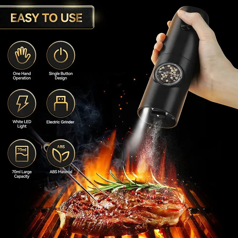Black electric salt pepper grinder set with abs material single-button design and white led light usb rechargeable