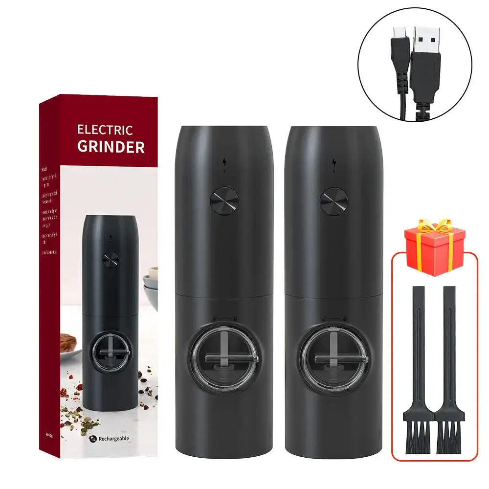 Black electric salt pepper grinder set with usb rechargeable port and circular control dial for kitchen use