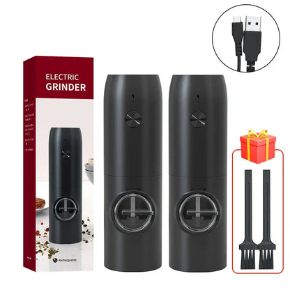 Black electric salt pepper grinder set with usb rechargeable port and circular control dial for kitchen use