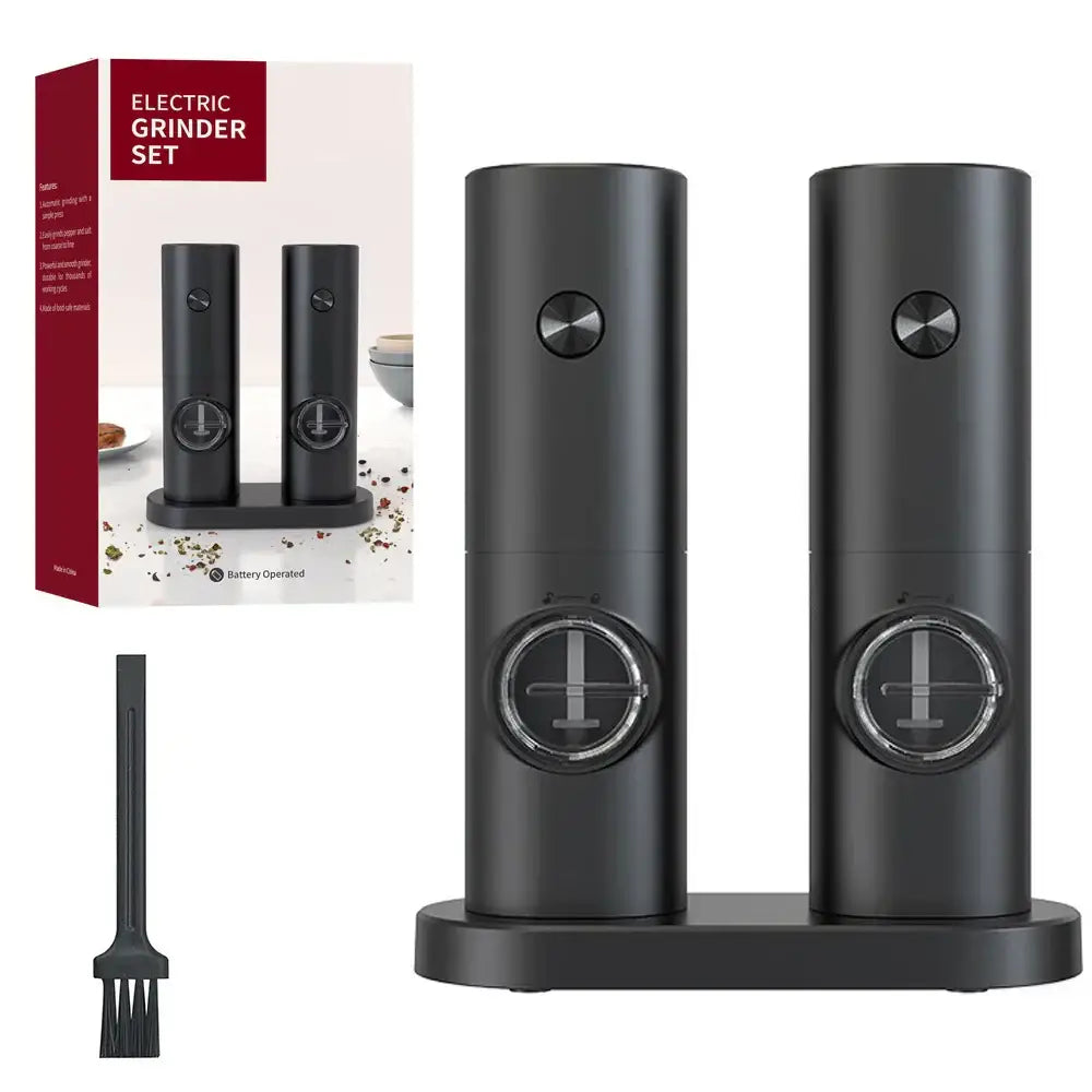 Black electric salt pepper grinder set with sleek cylindrical design, brushed metal top button, and clear viewing window
