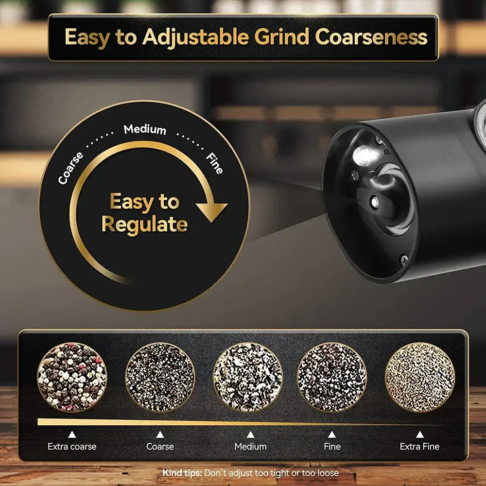 Black electric salt pepper grinder set with adjustable grind coarseness and usb rechargeable function for kitchen use