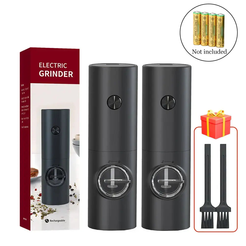 Black electric salt pepper grinder set with clear circular windows and usb rechargeable design for kitchen use