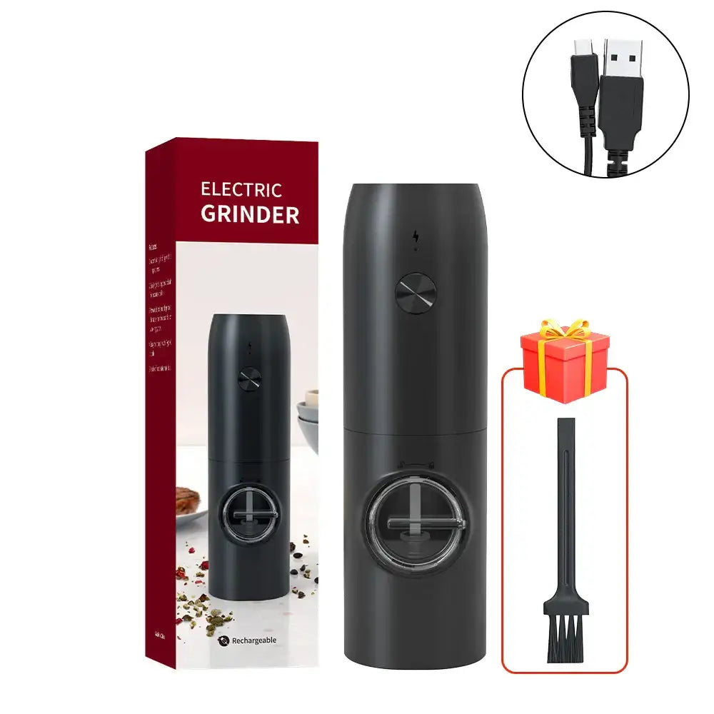 Black electric salt pepper grinder set with cylindrical matte finish and circular control dials usb rechargeable