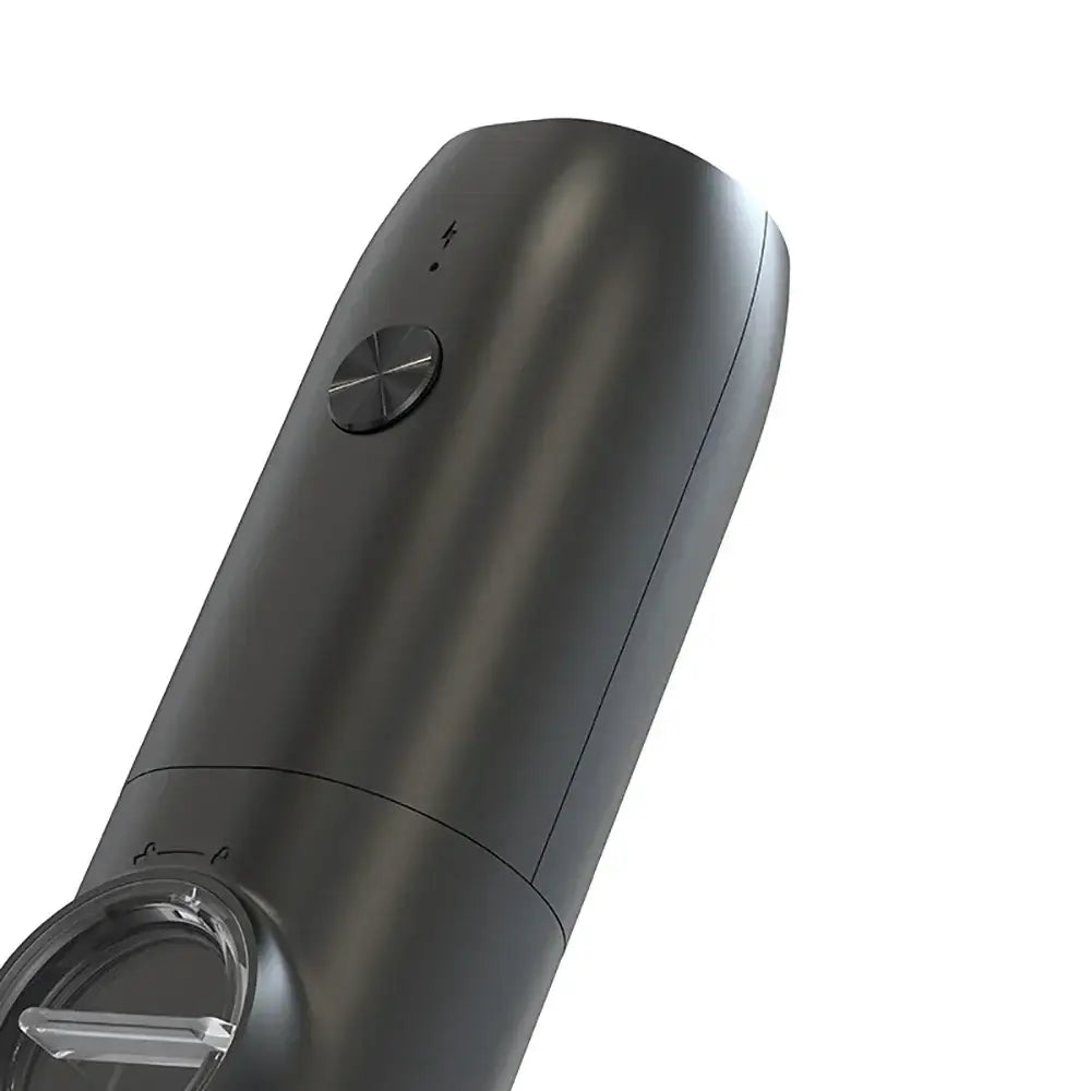 Matte black electric salt pepper grinder set with cylindrical body, metallic button, and transparent lid usb rechargeable