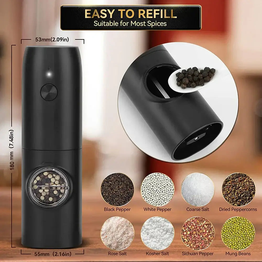 Black electric salt pepper grinder set featuring a sleek cylindrical pepper mill with a transparent peppercorn window