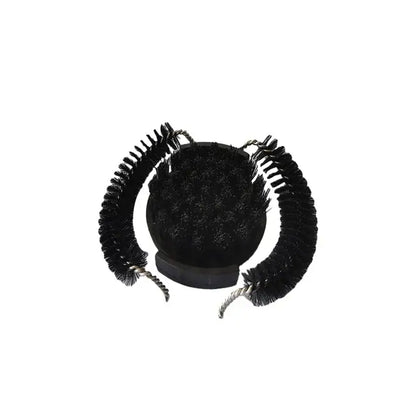 Black circular brush with curved bristle handles and textured base from black espresso machine brewing head cleaner set