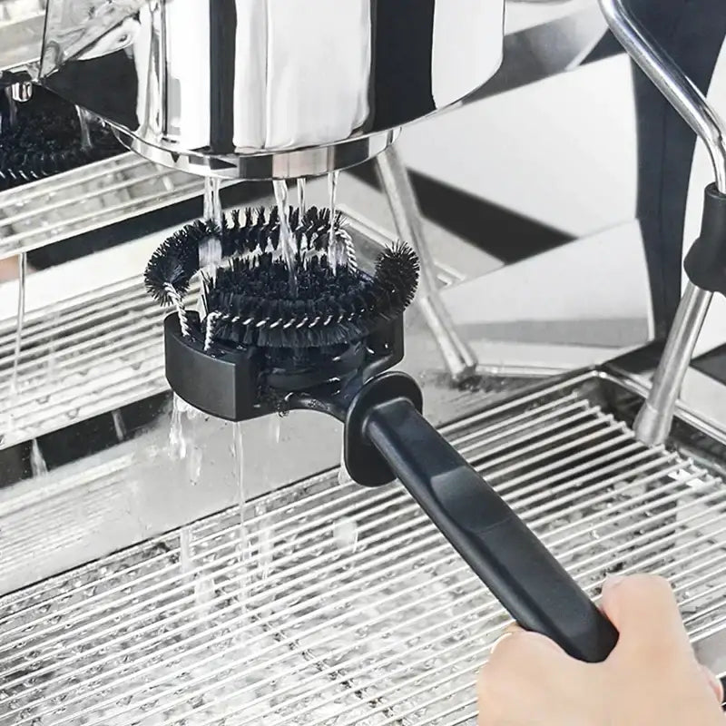 Black espresso machine brewing head cleaner set with multi-brush flexible bristles for thorough brewing head cleaning