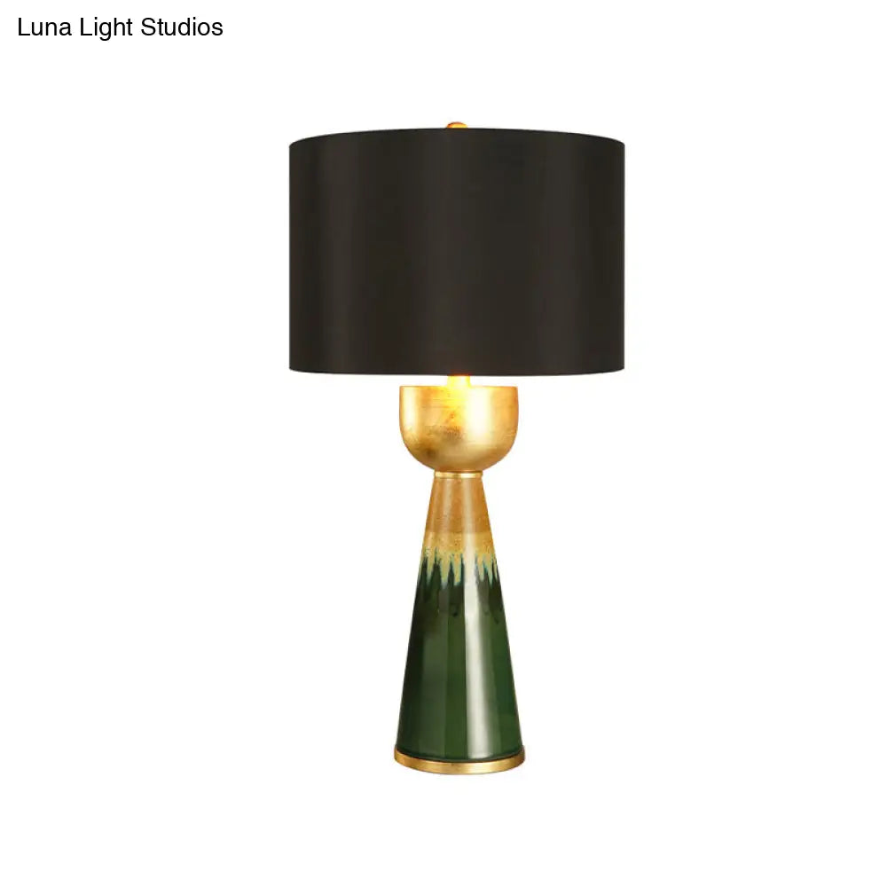 Black Fabric Nightstand Lamp with Traditional Urn Base - 1-Head Drum Table Light