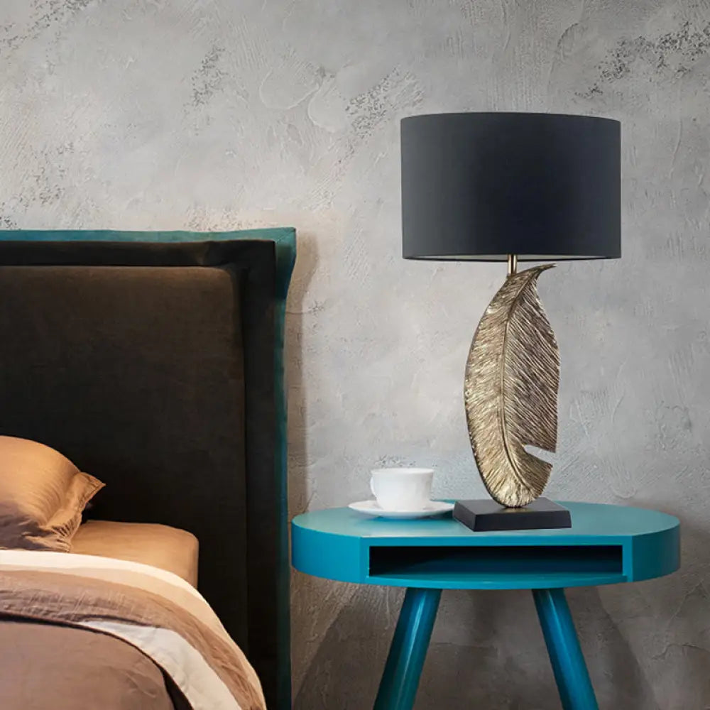 Black Fabric Table Lamp with Leaf-Shaped Metal Base - Modern 1-Light Night Lighting for Bedroom