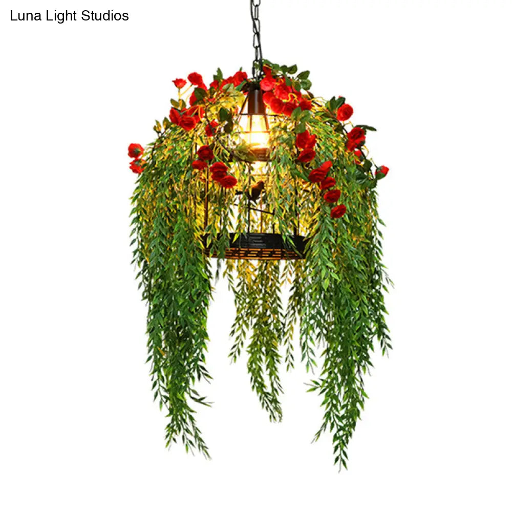 Black Factory Birdcage Pendant Ceiling Light with Artistic Cascading Plant Design