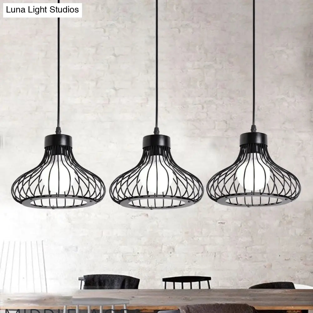 Black Farmhouse 3-Light Bowl Pendant with Wire Cage Shade - Restaurant Hanging Light Fixture