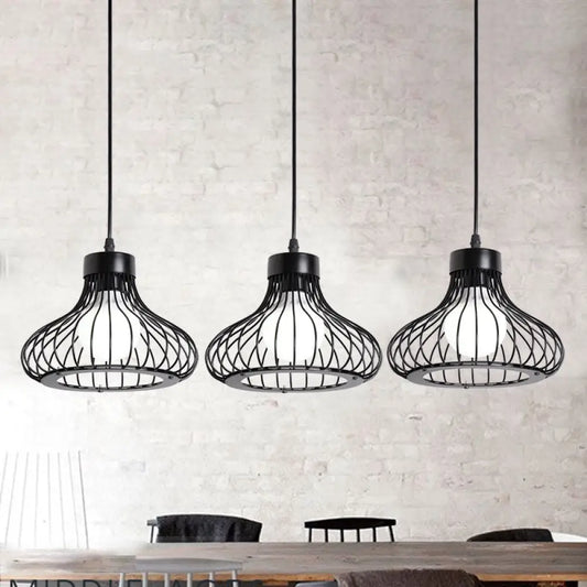 Black Farmhouse 3-Light Bowl Pendant with Wire Cage Shade - Restaurant Hanging Light Fixture