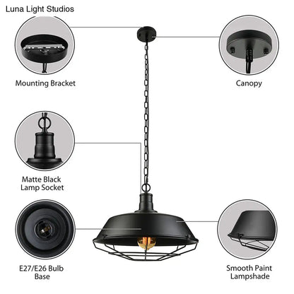 Black Farmhouse Barn Ceiling Light: Stylish Cage Shade Pendant Lamp (1 Bulb) - 10"/14"/18" Diameter