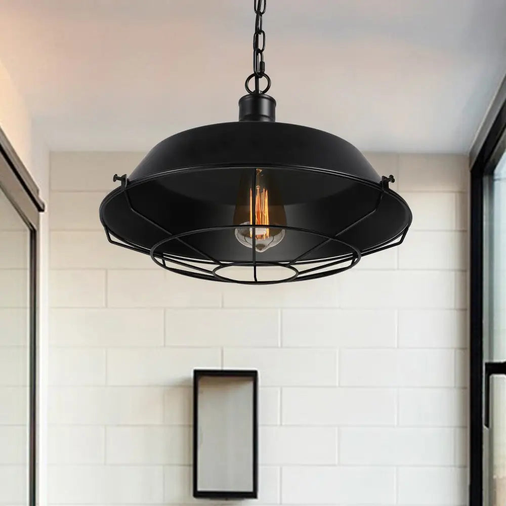 Black Farmhouse Barn Ceiling Light: Stylish Cage Shade Pendant Lamp (1 Bulb) - 10"/14"/18" Diameter