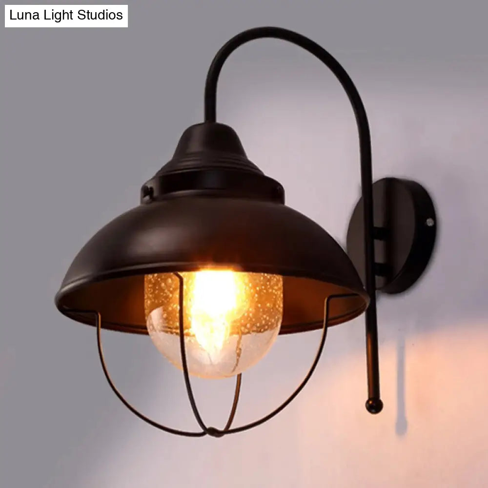 Black Farmhouse Dome Wall Light Fixture with Cage - Seeded Glass Shade, 1 Light Metal Sconce