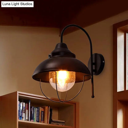 Black Farmhouse Dome Wall Light Fixture with Cage - Seeded Glass Shade, 1 Light Metal Sconce