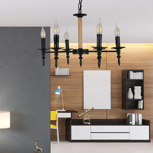 Black Finish Candle Chandelier - Antique Metal/Wood, 6 Heads - Restaurant Pendant Light
