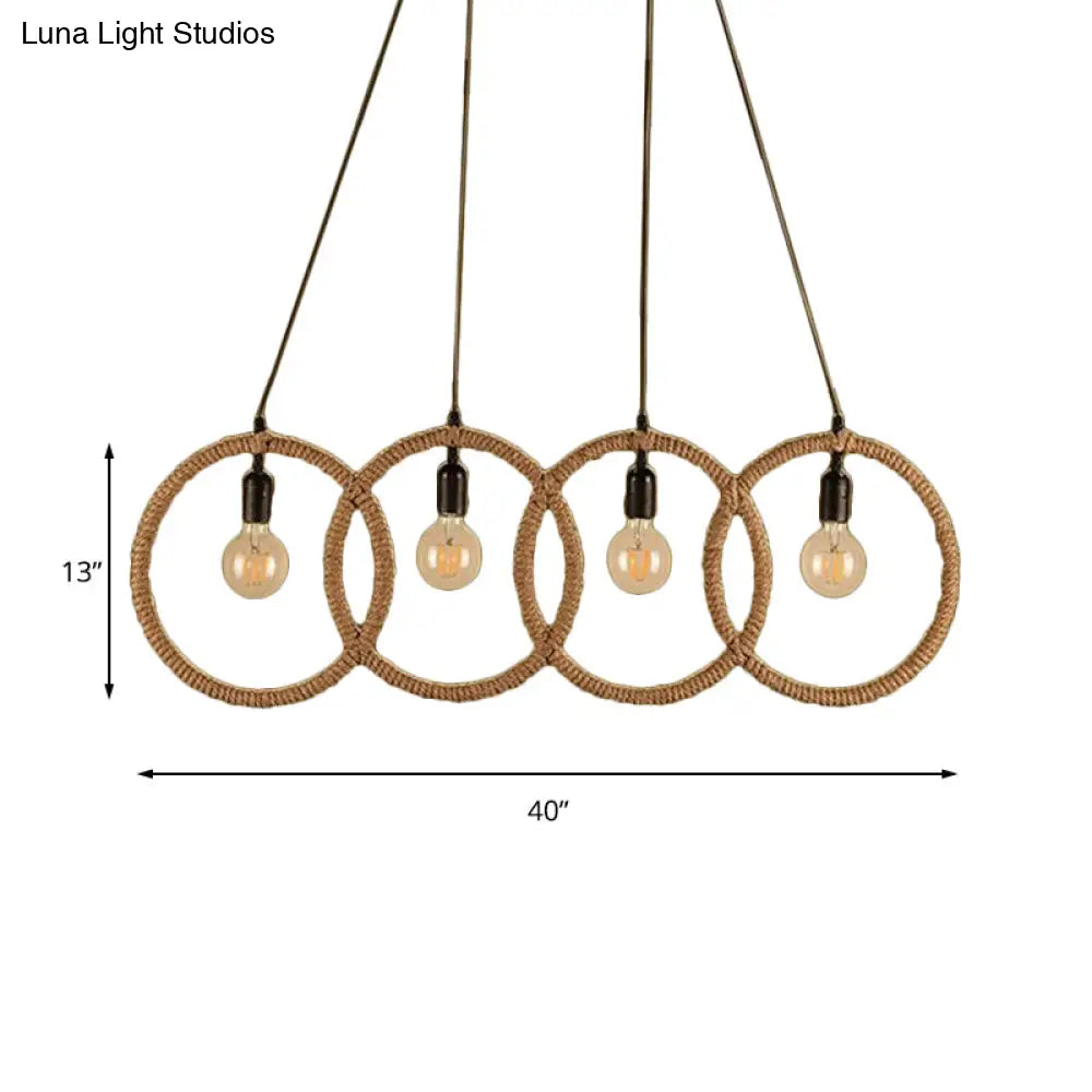 Black Finish Lodge Style Four-Ring Pendant Light with Manila Rope - 4 Lights for Coffee Shop