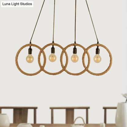 Black Finish Lodge Style Four-Ring Pendant Light with Manila Rope - 4 Lights for Coffee Shop