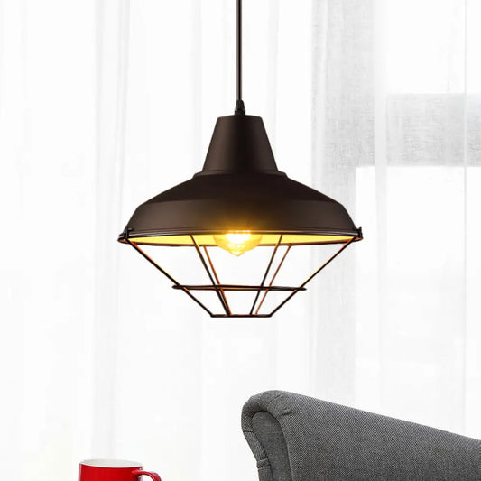 Black Finish Pendant Light with Wire Cage - Retro Style for Restaurant