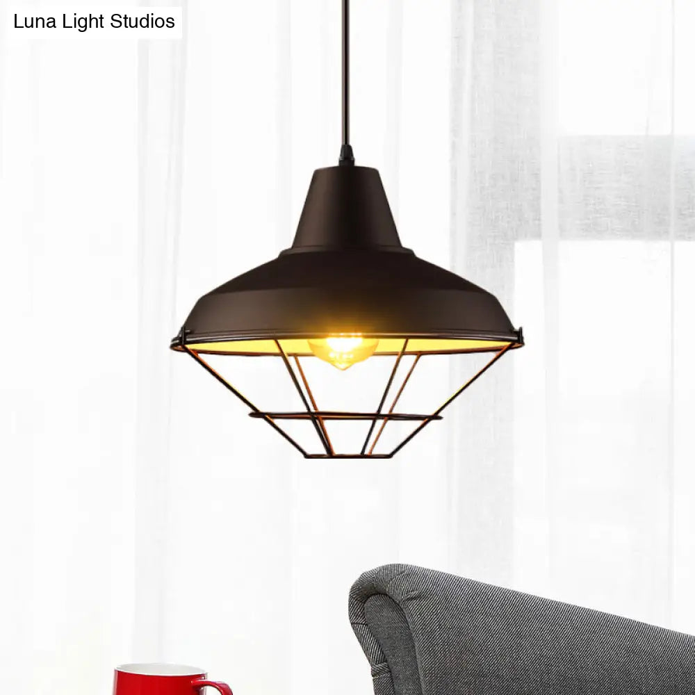 Black Finish Pendant Light with Wire Cage - Retro Style for Restaurant