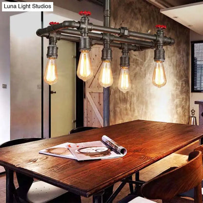 DecorBites™ Black Finish Tubing Hanging Lamp: Antique Metal Dining Room Chandelier with Red Valve and 5-Bulb Lighting