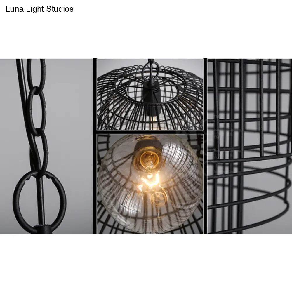 Black Finish Wrought Iron Pendant Lamp with Caged Head and Chain