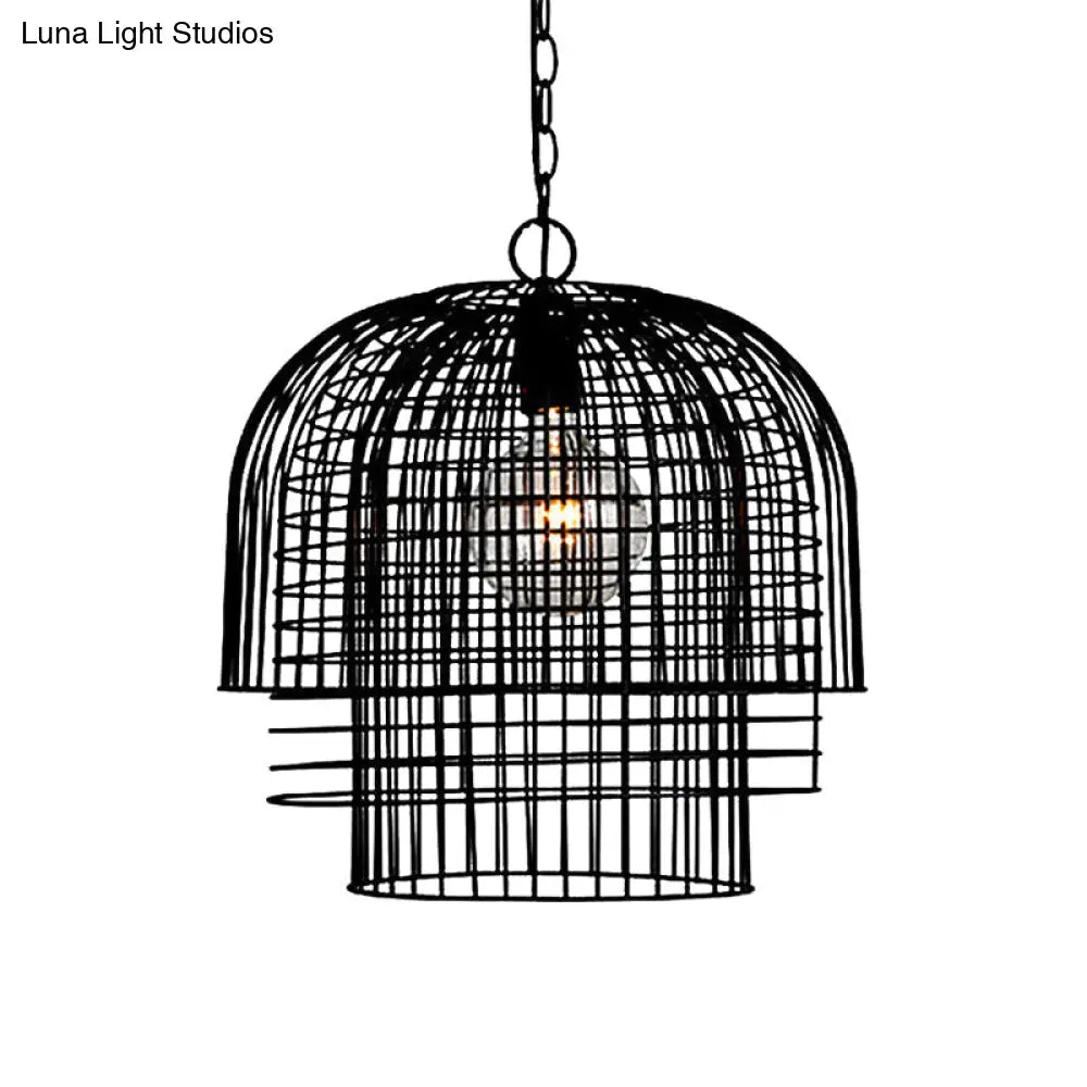 Black Finish Wrought Iron Pendant Lamp with Caged Head and Chain