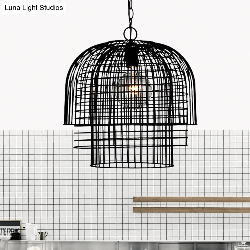 Black Finish Wrought Iron Pendant Lamp with Caged Head and Chain